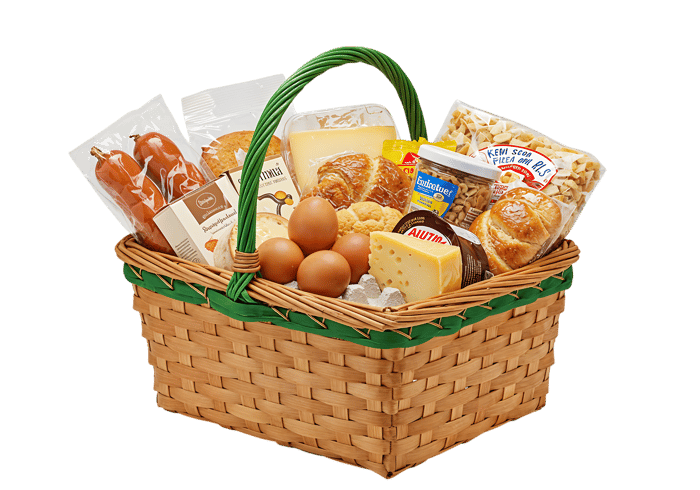 Full wicker basket of gourmet food items.