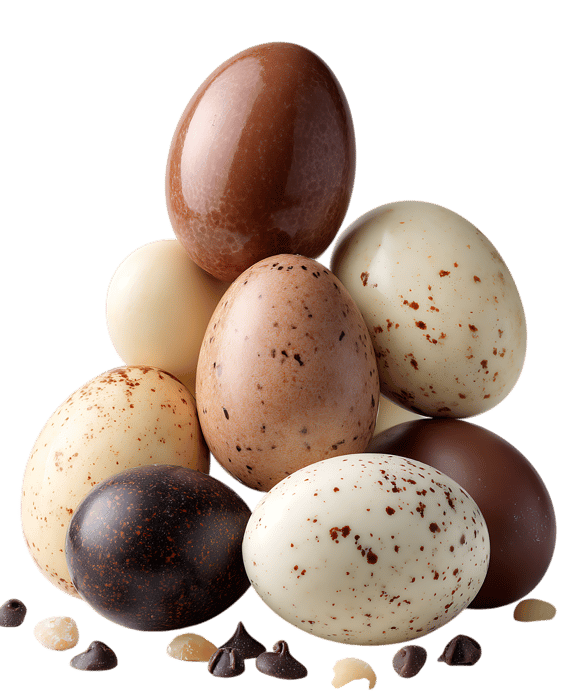 A pyramid of speckled chocolate eggs.