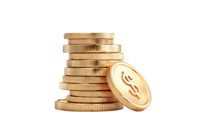 Close up of a stack of shiny gold coins with dollar sign.
