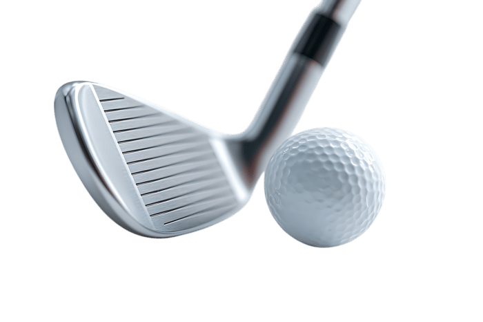 Close up of golf club about to hit ball. Sport, recreation, precision.