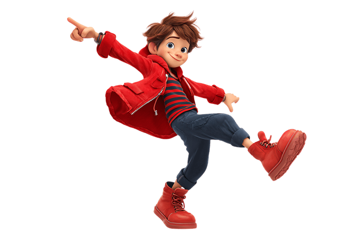 Animated boy in red jacket and shoes pointing