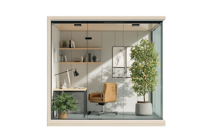Modern minimalist home office pod with plants