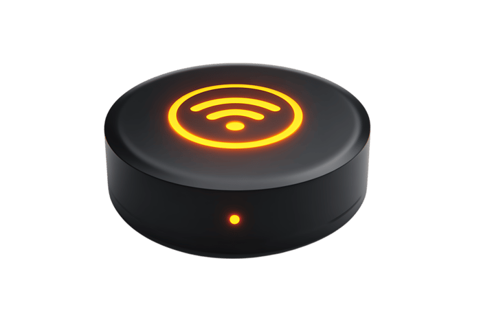 Close up of a small, sleek wireless router or access point.