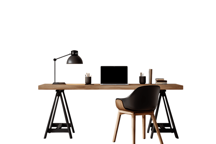 Modern minimalist workspace with wooden desk and black chair.