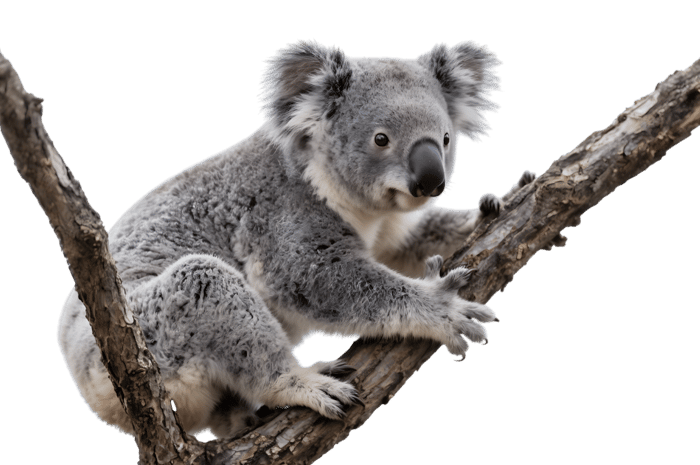 Koala clinging to branch on transparent background