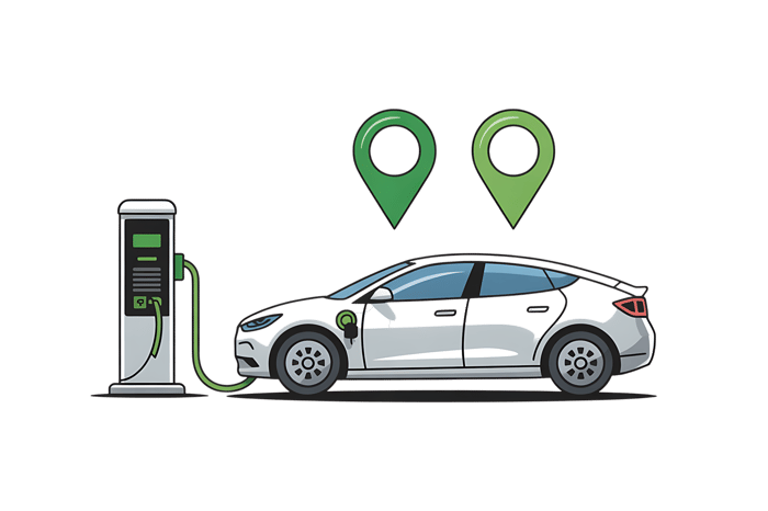 Electric car charging at station with map pointers