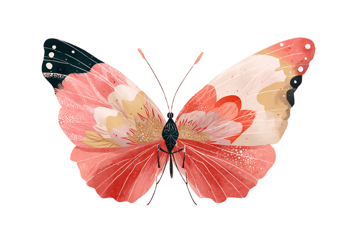 Pink butterfly with floral design on wings.