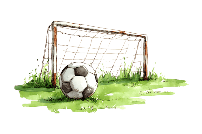 Soccer ball at goal post Watercolor painting