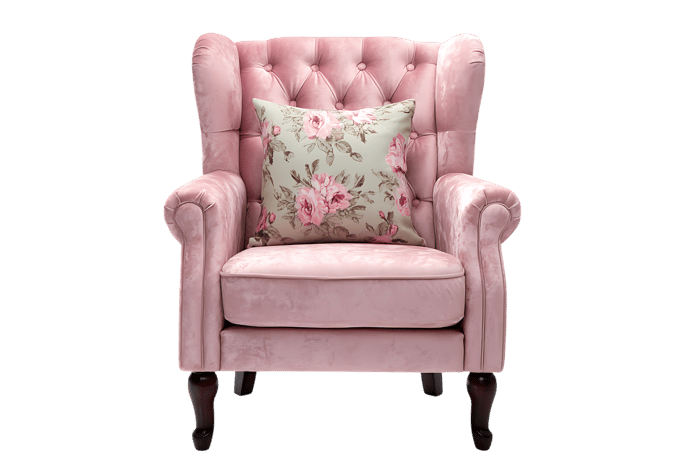 Elegant pink armchair with floral cushion