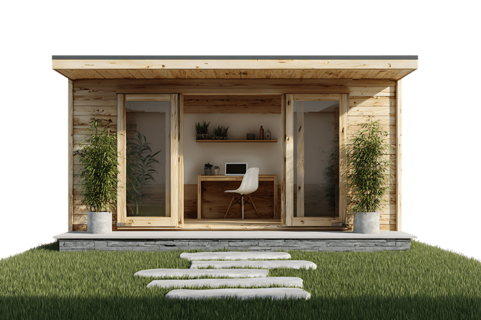 Exterior view of a modern wooden garden office