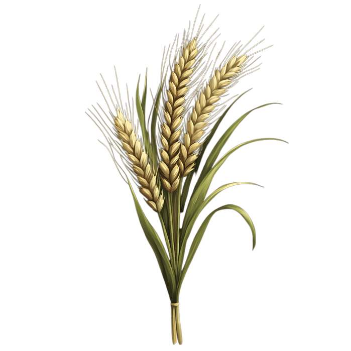 Three stalks of wheat, ripe and golden.