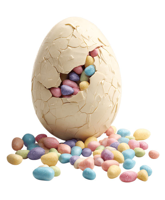 Cracked white chocolate egg filled with pastel candies.
