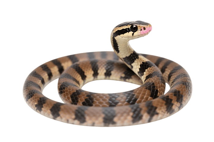 Isolated striped snake coiled with its head raised on transparent