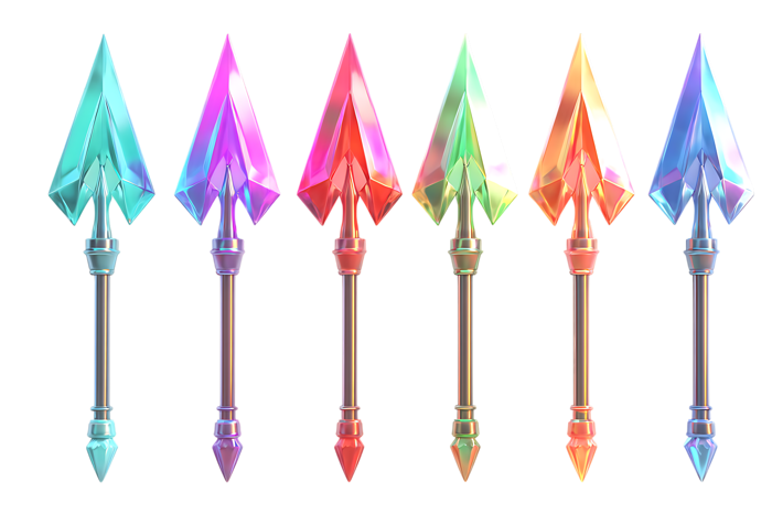 Seven colorful crystal arrowheads. Game assets, fantasy design.
