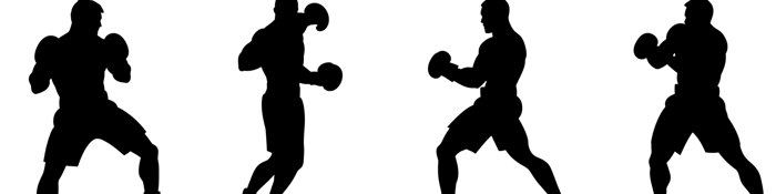 Silhouette of four boxers in fighting stances.
