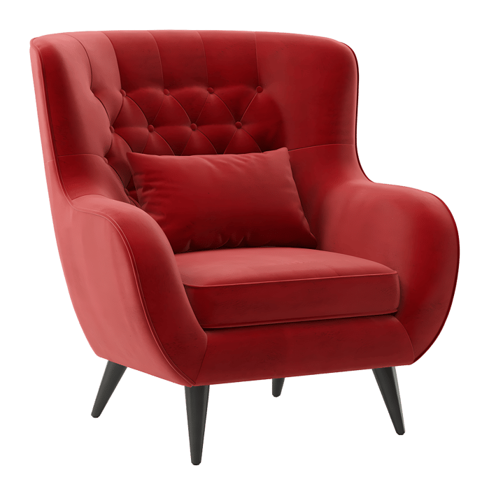 Red velvet armchair with button tufting and mid century modern legs.