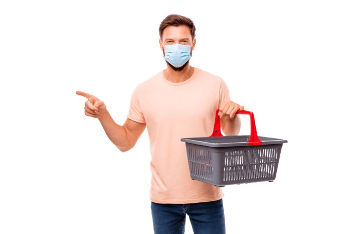 Man in mask with shopping basket