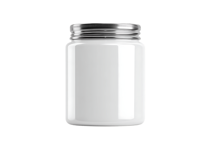 Blank white glass jar with metal lid, isolated on transparent background.