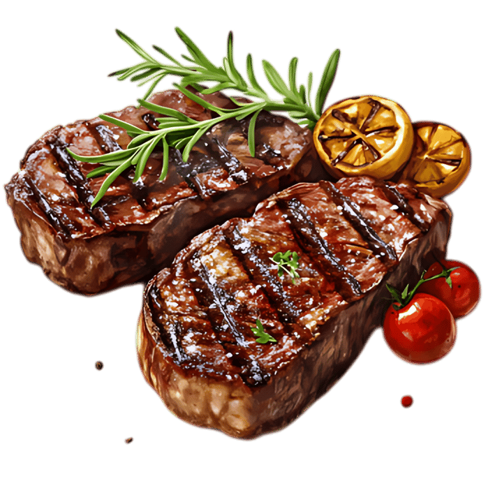 Grilled steaks with rosemary, lemon, and cherry tomatoes.