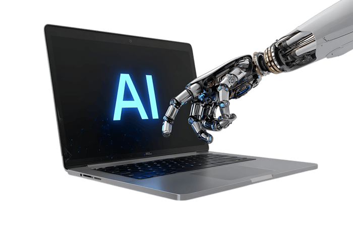 Robotic hand pointing at AI on laptop screen