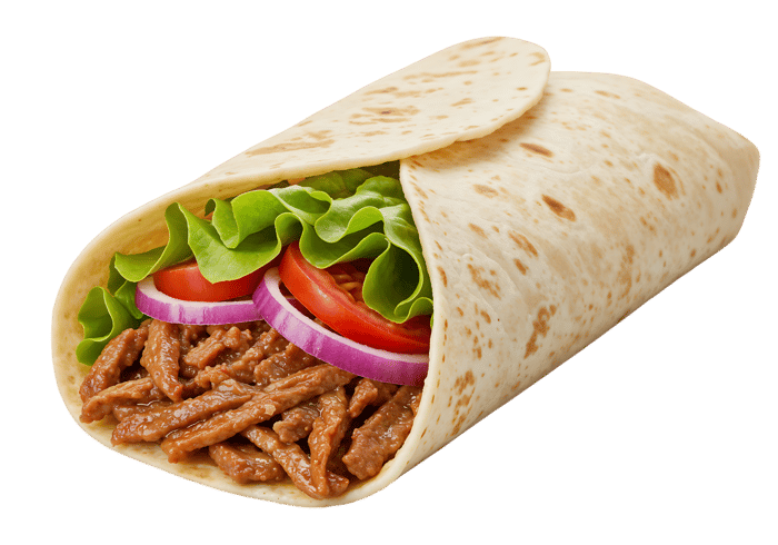Delicious beef burrito wrap with lettuce, tomato, and onion.