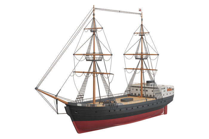 Illustration of a large sailing ship with masts and rigging