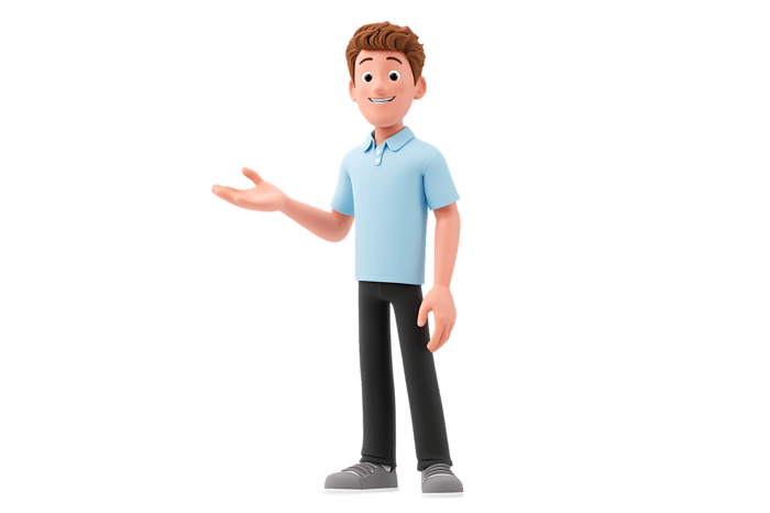 3d cartoon man presenting with open hand gesture