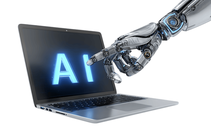 Robotic hand pointing at AI on laptop screen.