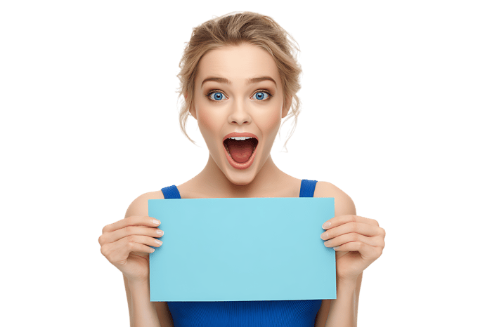 Surprised woman holding a blank card, perfect for your message!