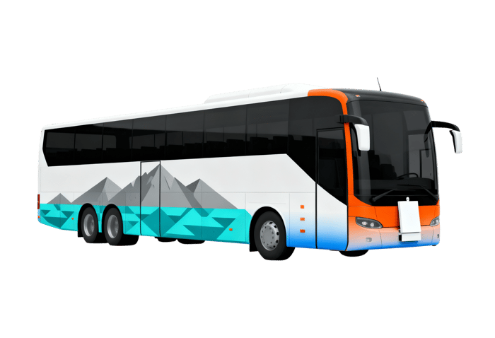 Sleek passenger bus with mountain and water design