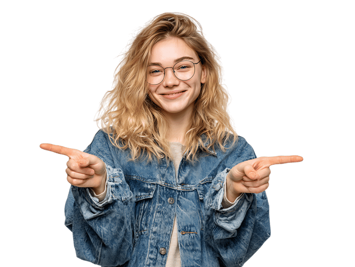 Young woman pointing both index fingers to the sides.