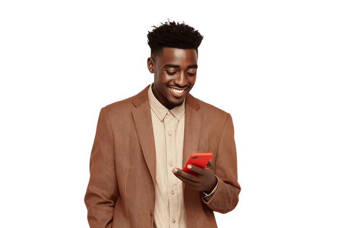 Smiling man in brown blazer using smartphone