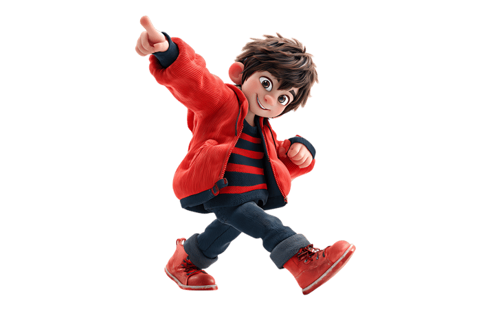 Cartoon boy in red jacket pointing and walking