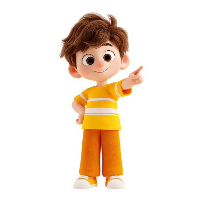 Cute cartoon boy pointing his finger. Cheerful child in 3D style.