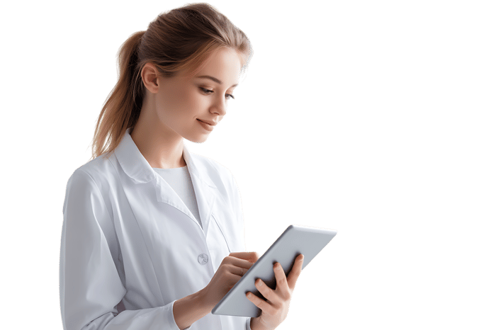 Young female doctor using a tablet for patient records.
