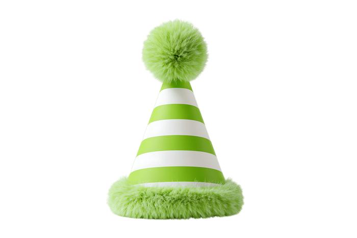 Lime green party hat with white stripes and fluffy pom-pom