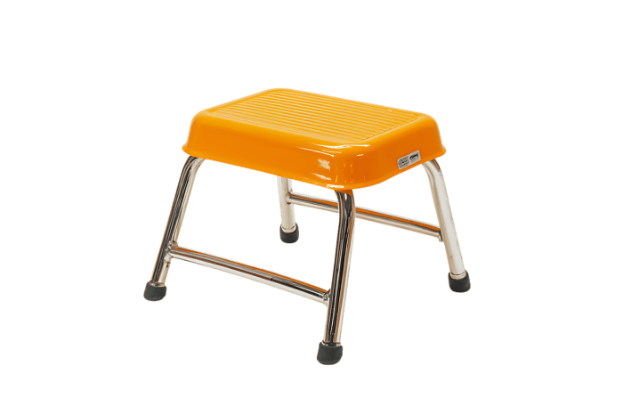 Small orange plastic stool with metal legs