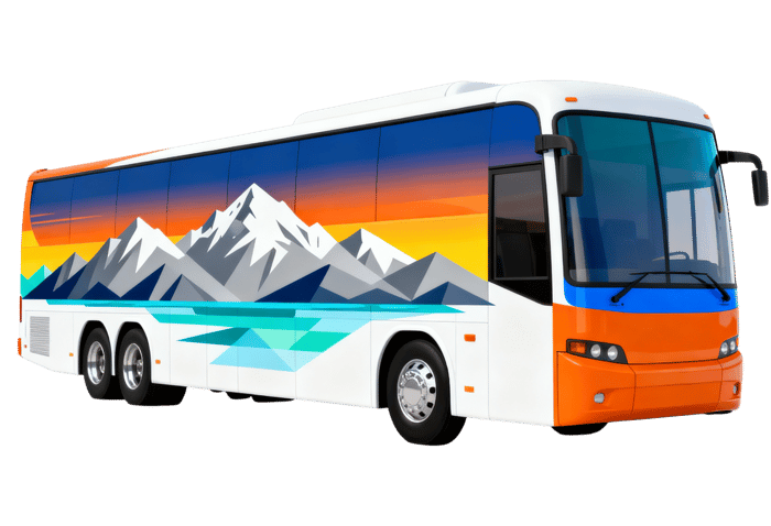 Modern tour bus with mountain graphic for travel and tourism