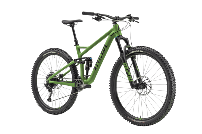 Green mountain bike, full suspension bicycle for outdoor sports