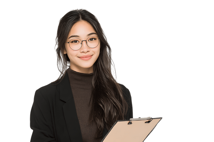 Smiling businesswoman holding a clipboard.