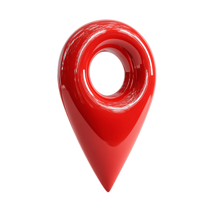 Shiny red location pin on black background. Travel, navigation concept.