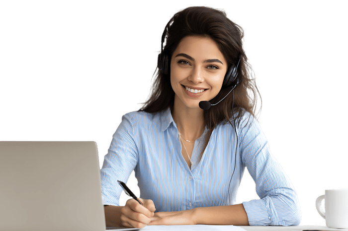 Smiling woman with headset working in customer support.