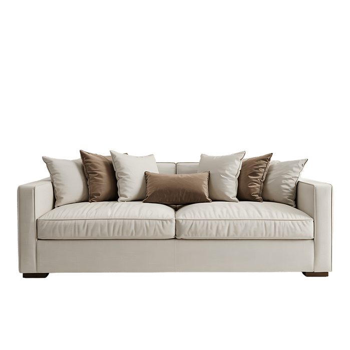 Beige sofa with brown pillows. Comfortable furniture for living room