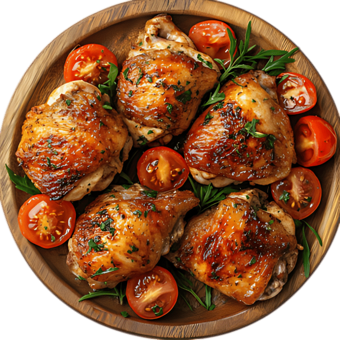 Roasted chicken thighs with cherry tomatoes and herbs