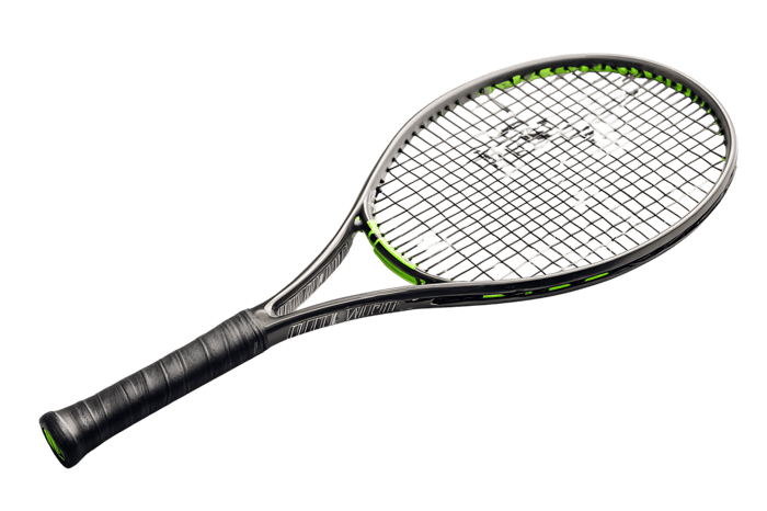 Close up of a modern tennis racket isolated on black background.