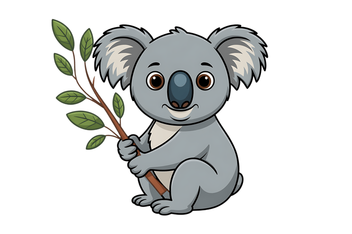 Cartoon koala with eucalyptus branch