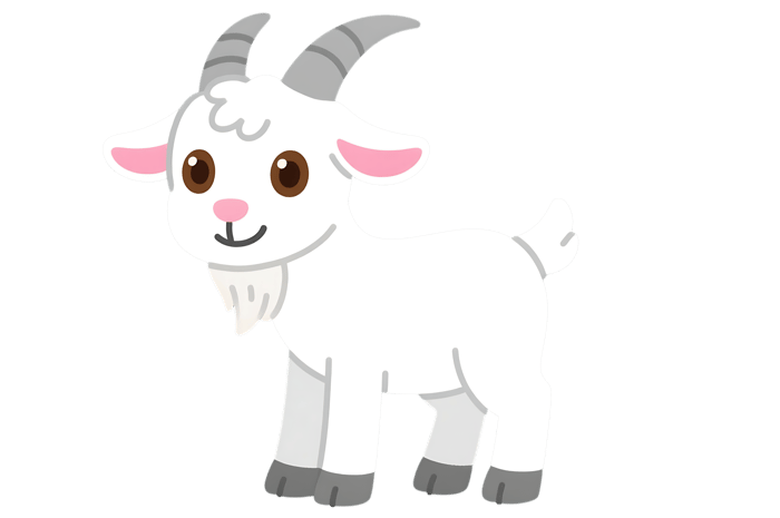 Cartoon goat with white fur and gray horns