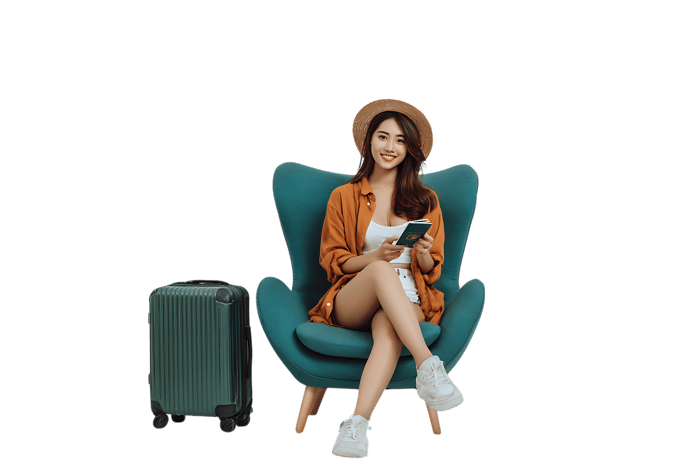 Smiling woman in armchair with suitcase and passport