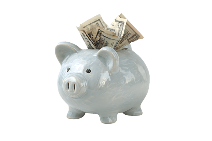 Light blue piggy bank with dollar bills420.