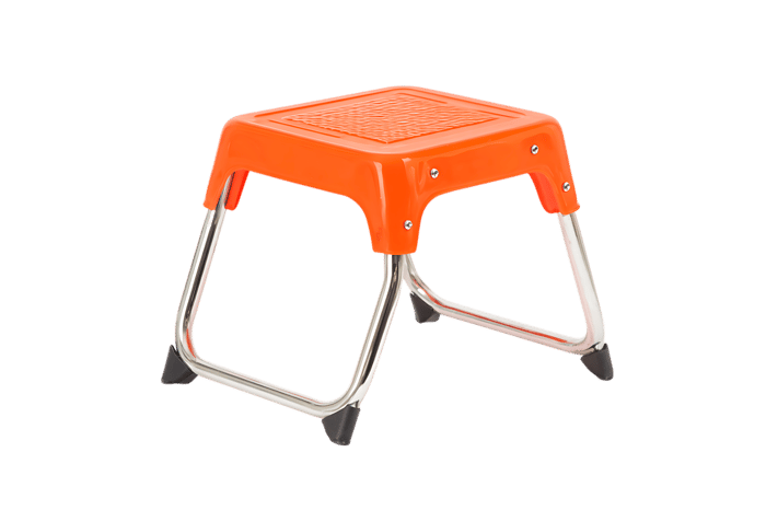 Portable orange plastic stool with metal legs